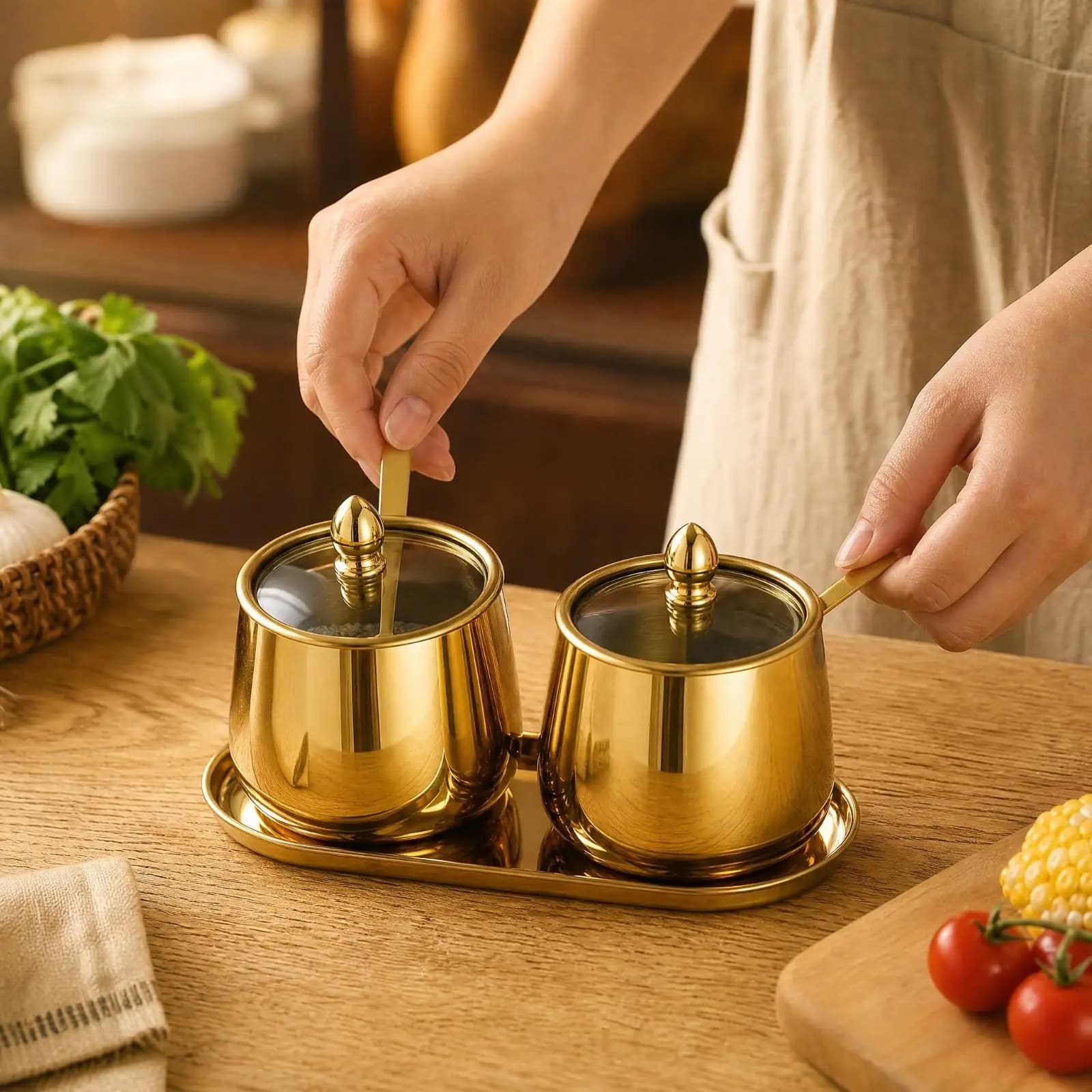 304 Stainless Steel Fabric Pot Seasoning Jar Set with Matching Spoon for Kitchen Spice Rack and Condiment Storage