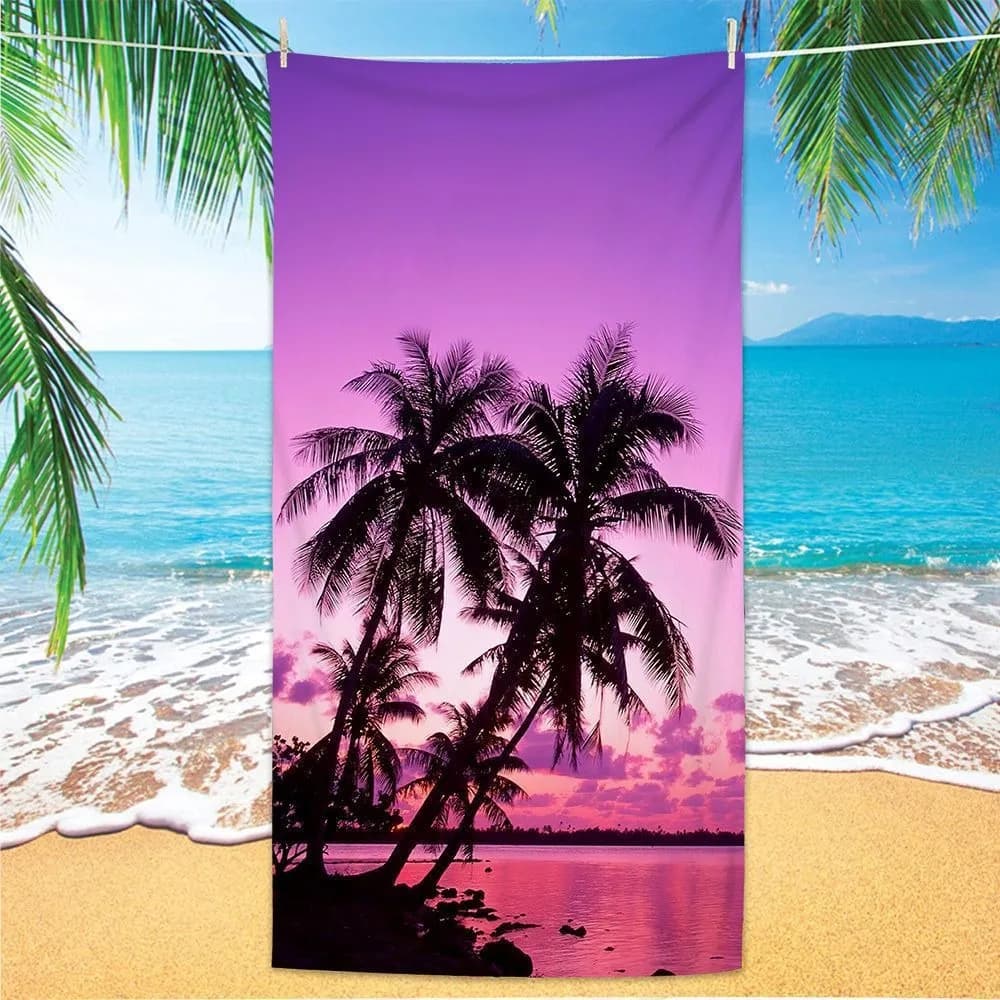 Telo Mare Viola Tramonto con Palme, in Poliestere ad Asciugatura Rapida, Anti-Sabbia, Coperta Paesaggio Tropicale, per Viaggi Estivi al Mare