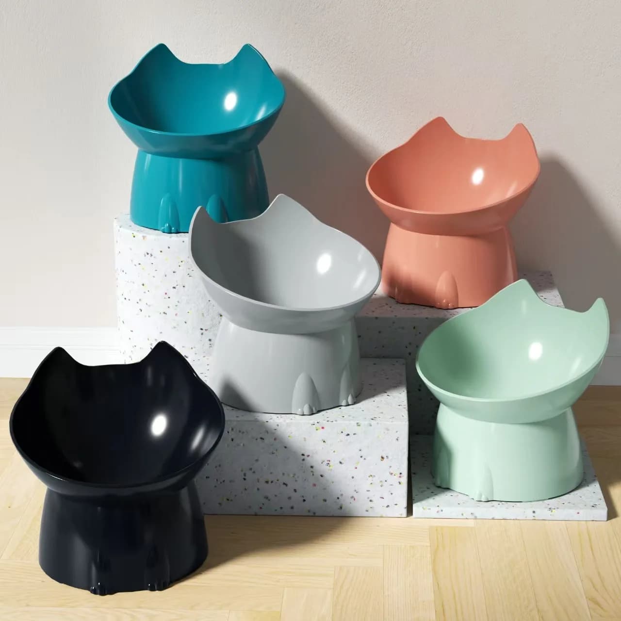 New Elevated Cat Bowl, Anti-Tip Plastic Exquisite Non-slip Raised Pet Feeding Dish with Tilted Edge, Neck Protection Kitty Food