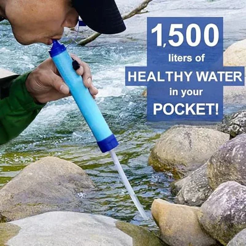 Filtro Acqua Personale Portatile da Esterno 1500L, Purificatore d'Acqua di Sopravvivenza a Cannuccia Ultra-Leggero con Sistema di Filtraggio a 4 Stadi da 0,01 Micron
