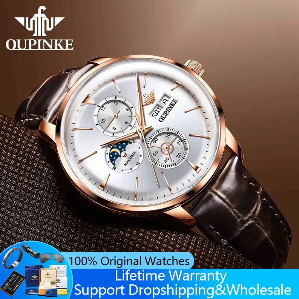 OUPINKE 3309 Moon Phase Automatic Watches for Men Top Luxury Leather Strap Waterproof Chronograph Original Mechanical Man Watch