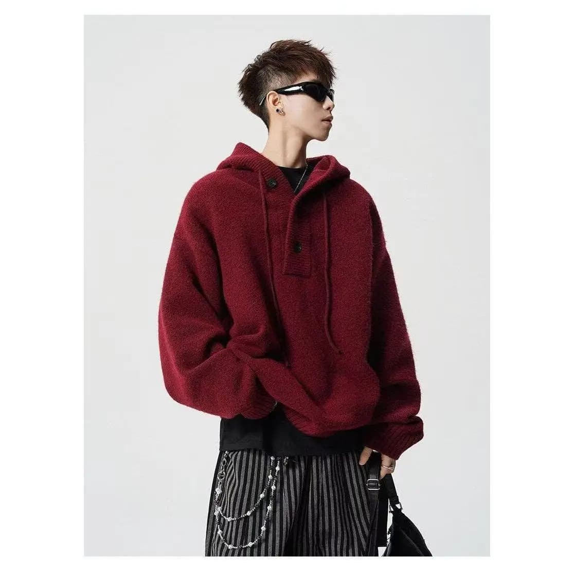 Retro Chinese Trend Red Lazy Style Knitted Sweater Hoodie Men Women Neutral Oversize Comfortable Fit Long Sleeve Casual Shirt