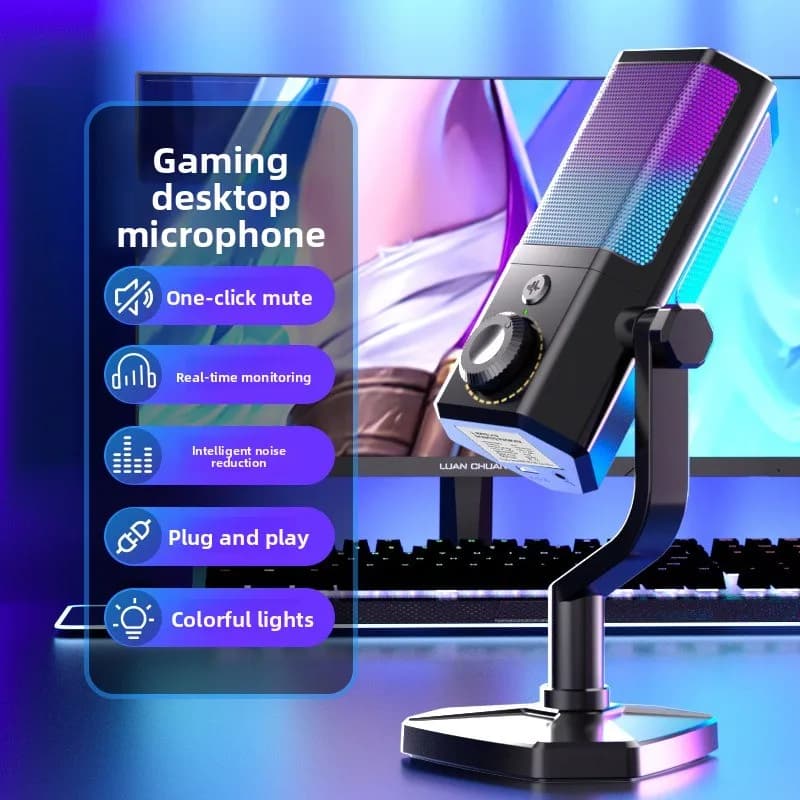 Microfono RGB per Giochi E-sports, Riduzione del Rumore, USB, per Computer, Voce, Karaoke, Microfono a Condensatore Speciale da Scrivania