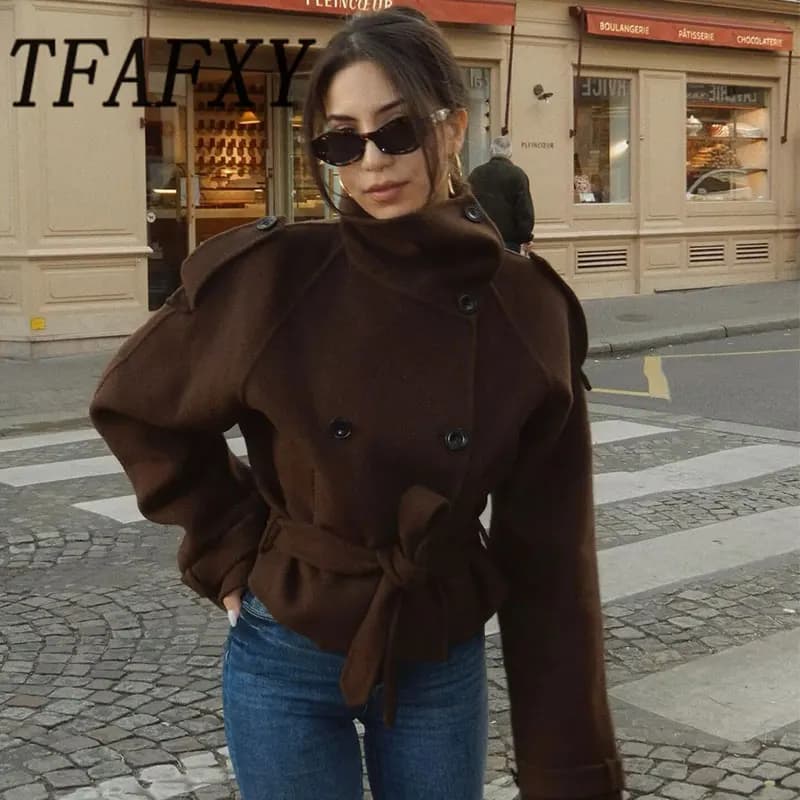 TFAFXY 2026 Spring New Women's Fashion Coat Trained Sleeves Long Sleeves Double Belt Female Short Jacket Crop Top Coat Y2K
