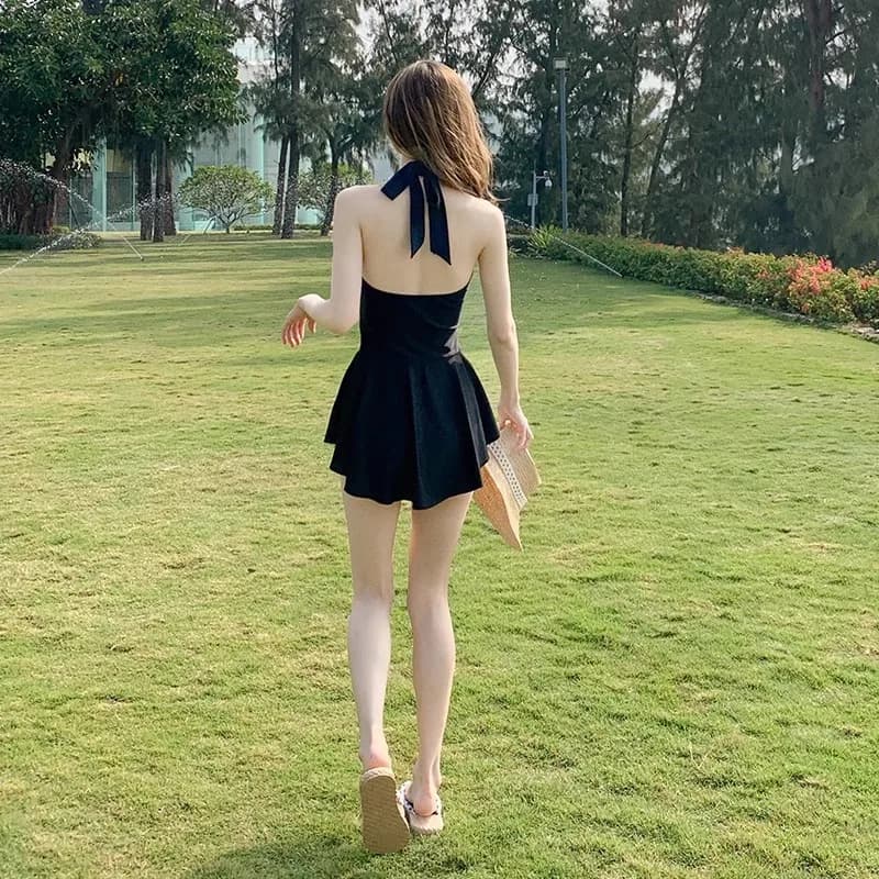 Costume intero da donna con gonna, copri pancia e scollo sottile, sexy, per sorgenti termali
