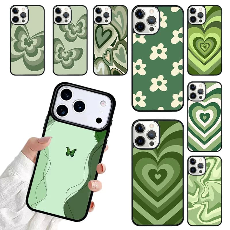 Sage Green Coffee Love Heart Latte Phone Case For iPhone 17 16 15 14 13 12 11 Pro Max 17air Shockproof Cover Fundas