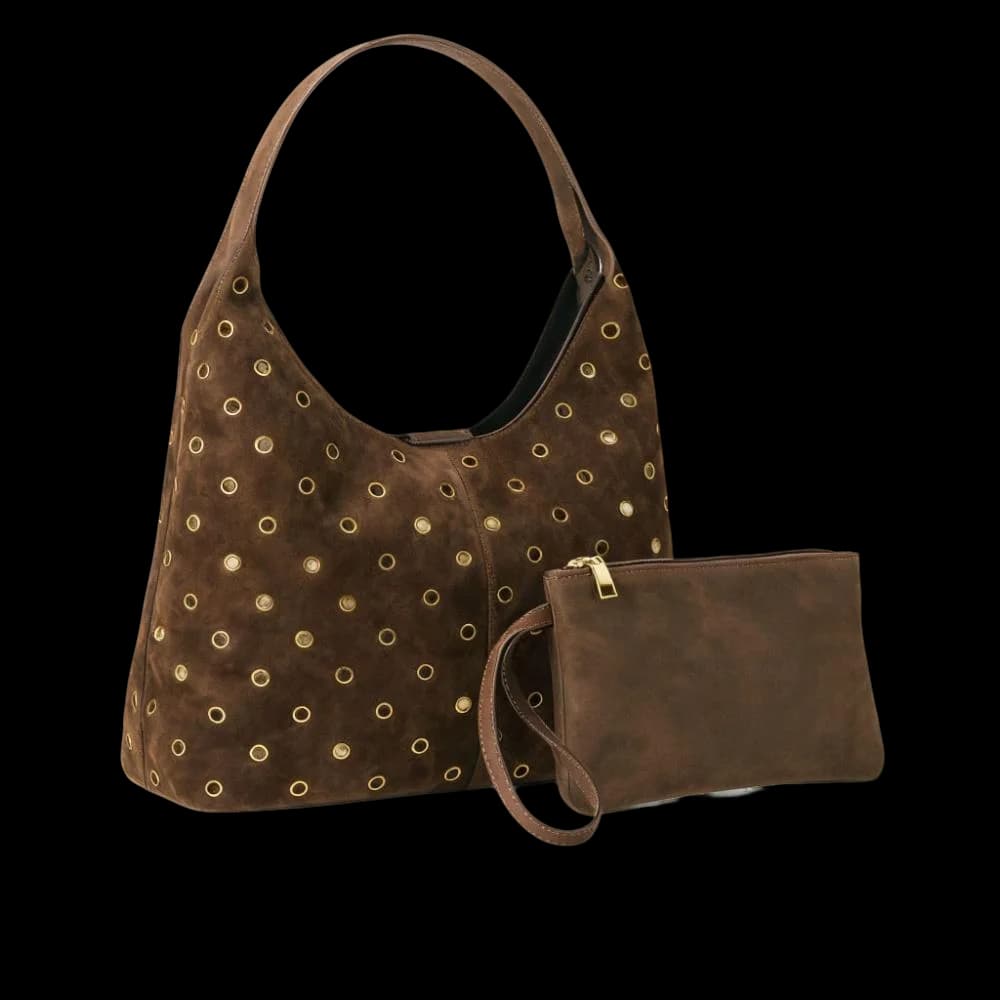 Tote bag with suede metal studs with matching wallet, axle shoulder bag with women's cable rivets, large and solid vintage women's bag
