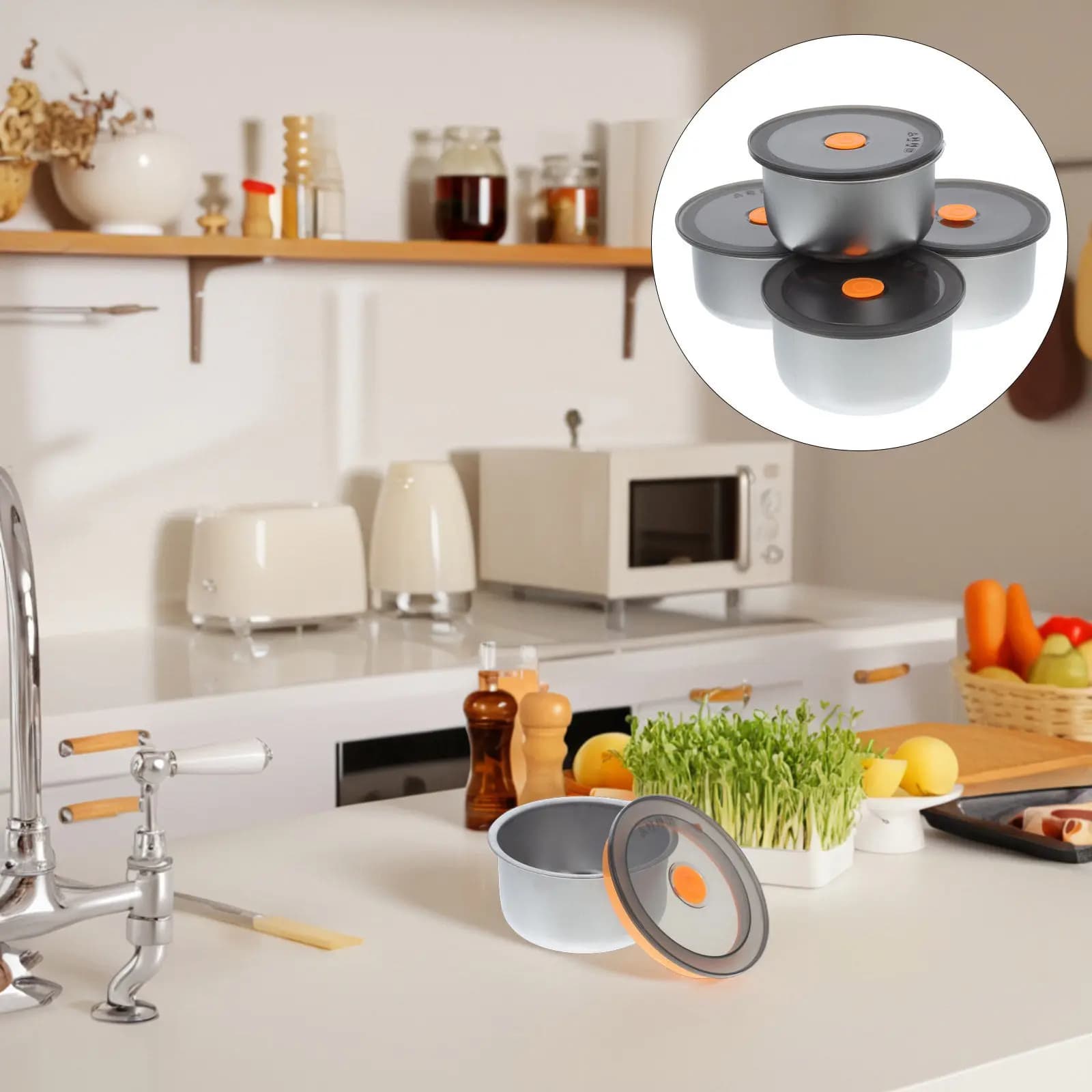 Set di 4 Contenitori per Alimenti in Acciaio Inox con Coperchi Ermetici per Organizzazione Cucina, Preparazione Pasti, Condimenti e Conservazione Frutta