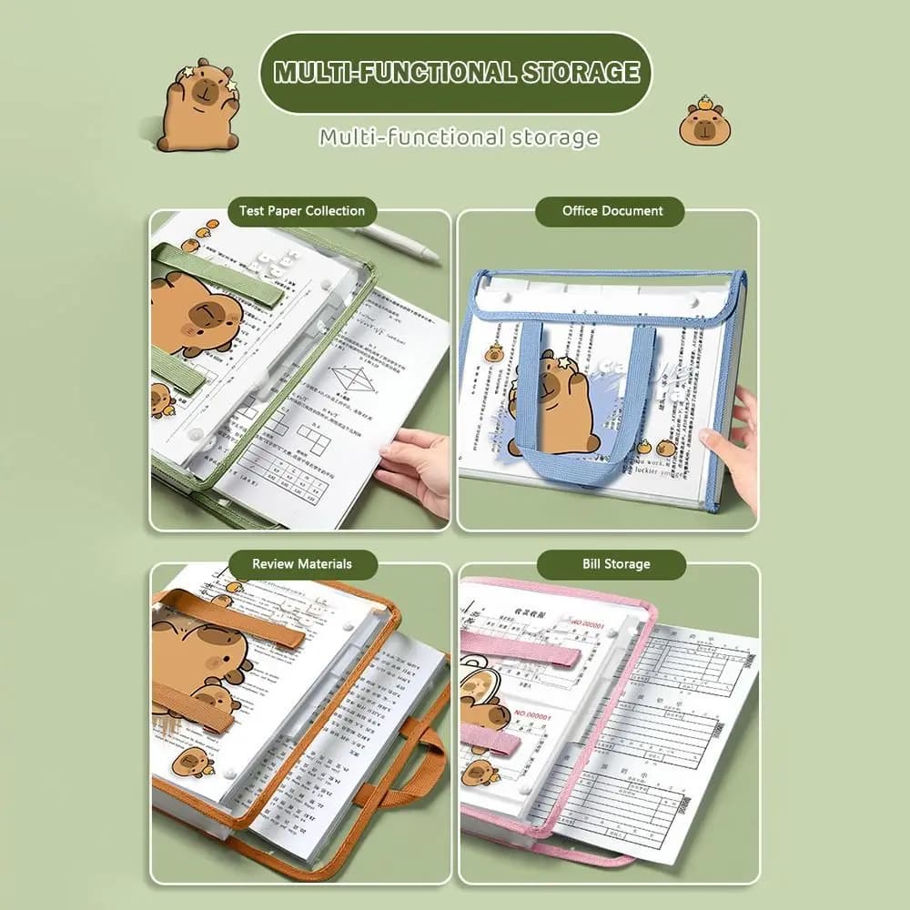 Borsa Portadocumenti Espandibile Capybara con 13 Tasche, Impermeabile, Grande Capacità, per Conservare Fogli di Test, Cartella Trasparente A4 per Studenti