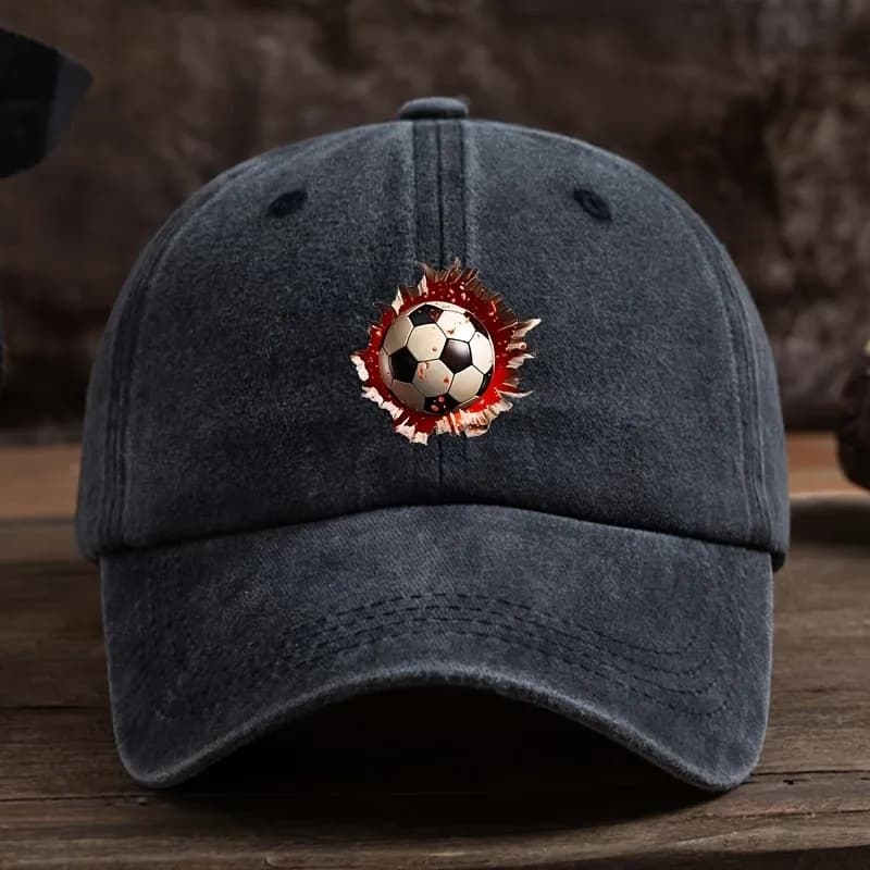 Cappellino da Baseball con Stampa Pallone da Calcio, in Denim Effetto Vissuto, Protezione Solare per Esterni, Regolabile