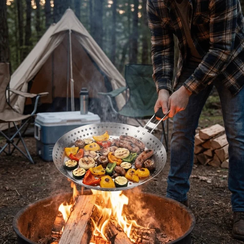Roasting Stainless Steel Vegetable Grill Basket Folding Wood Handle Non Stick BBQ Plate Circular Grill Fry Pan Picnic
