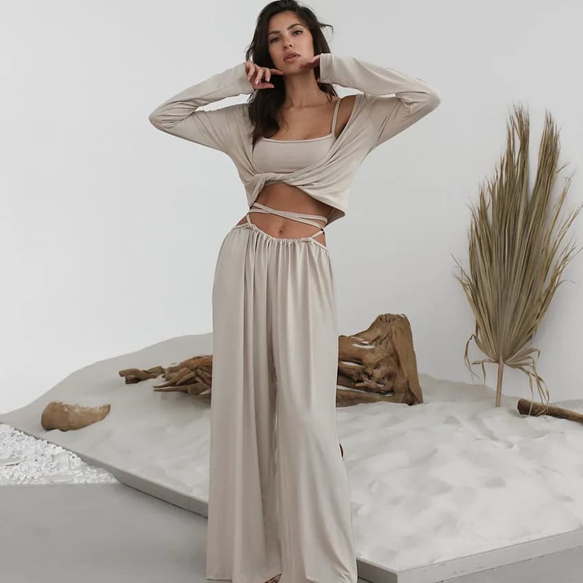 Women's Pajamas Matching Lingerie Sets Sleepwear Spring Summer 3pcs Long-Sleeved Underwear Long Pants Sleeping Clothes Homewear