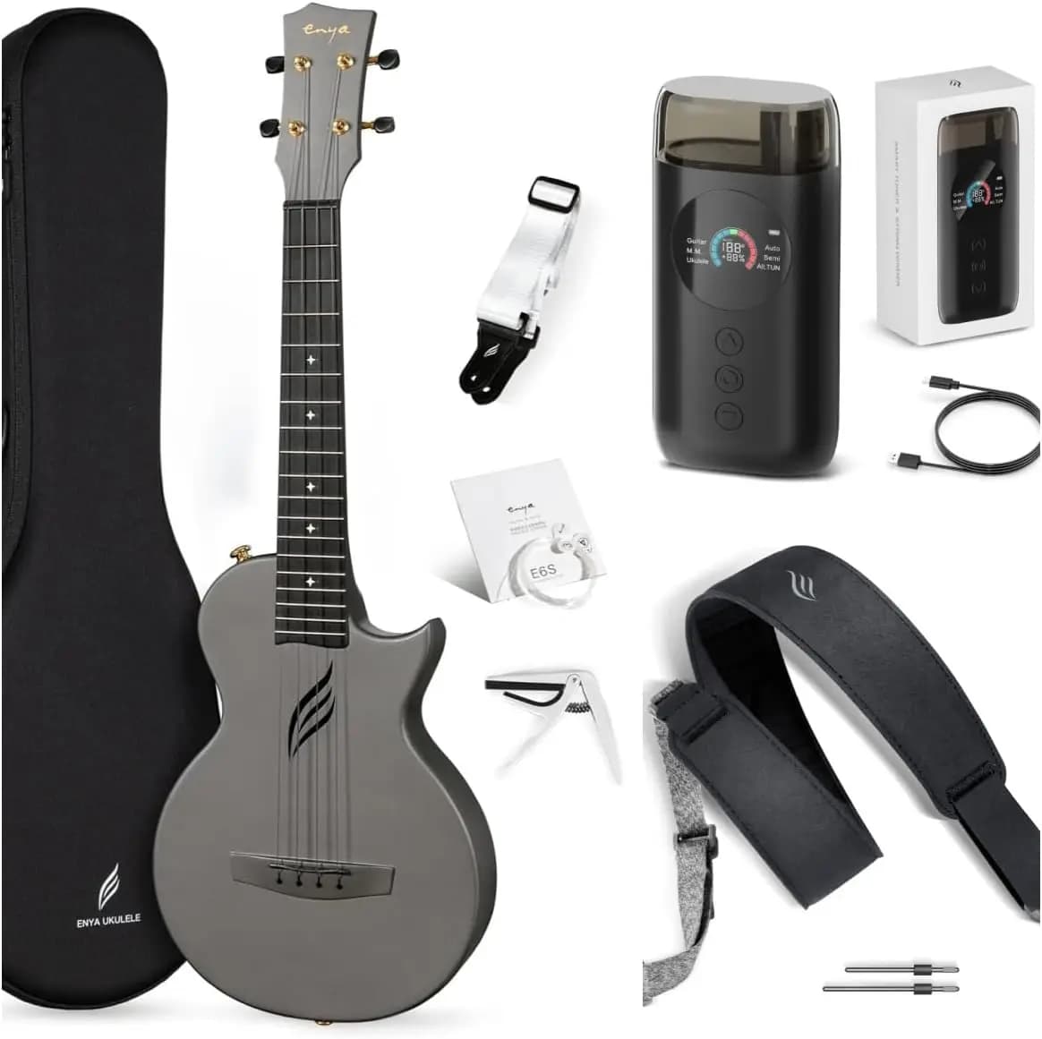 26-Inch Carbon Fiber Cutaway Tenor Ukulele for Adult - Travel Ukulele with Beginner Bundle, Auto-Intelligent Tuner, and Magnetic Strap