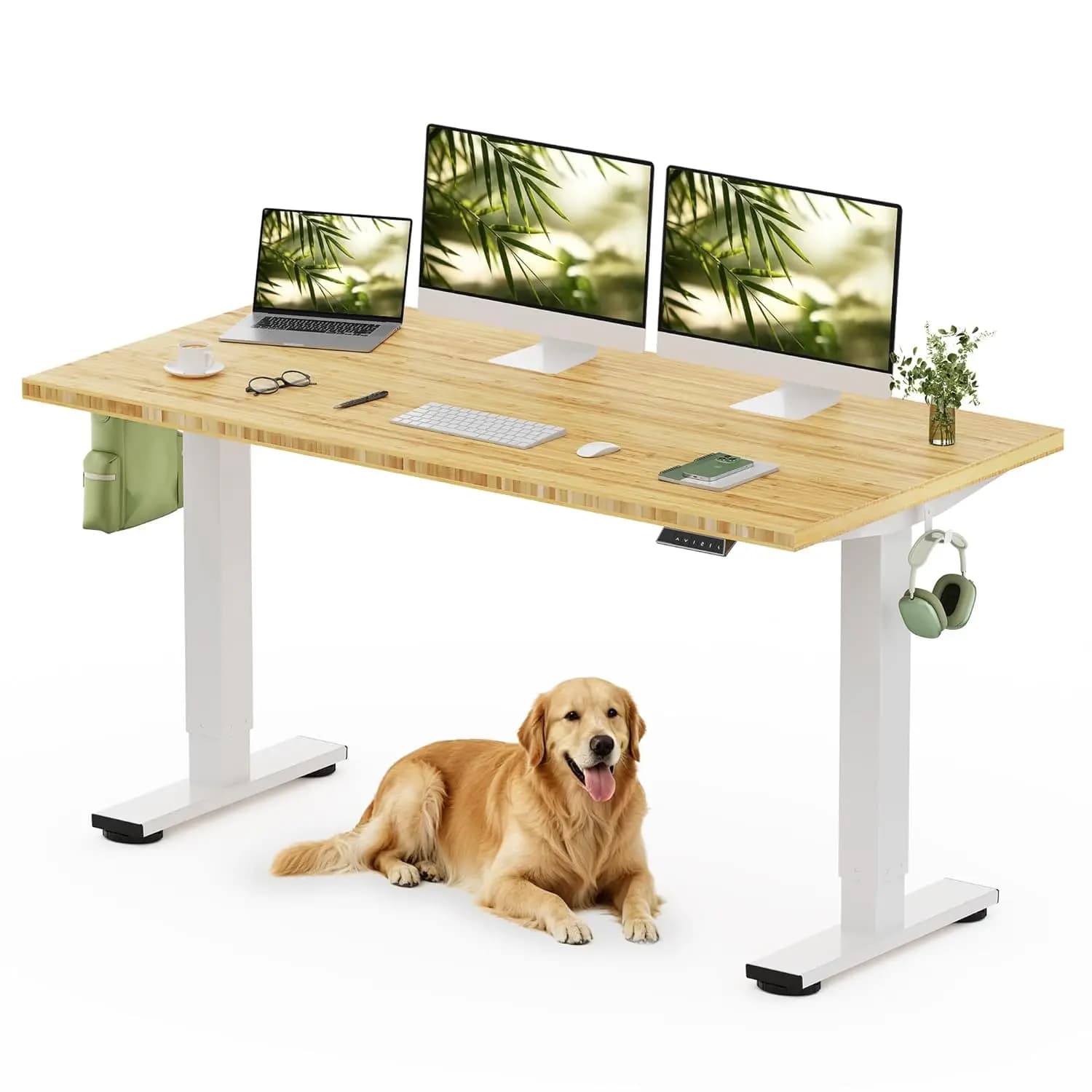 60"x30" Bamboo Standing Desk White Frame Natural Grain 176LBS Home Office Multi-Monitor, Customized