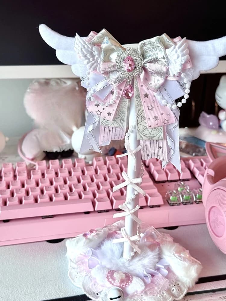 Cute Lace Headphone Stand Pink White Desktop Headset Holder Over Ear Headphones Display Rack Gaming Desk Decor Accessory