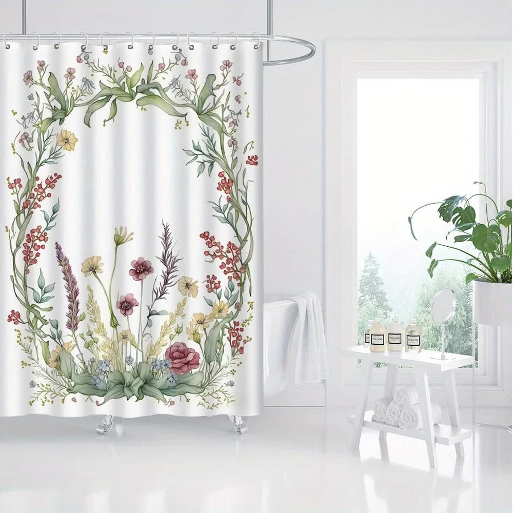Tenda da doccia in poliestere - Ghirlanda floreale della foresta, rose e margherite, parte superiore del salmo, design botanico artistico, arredamento per il bagno
