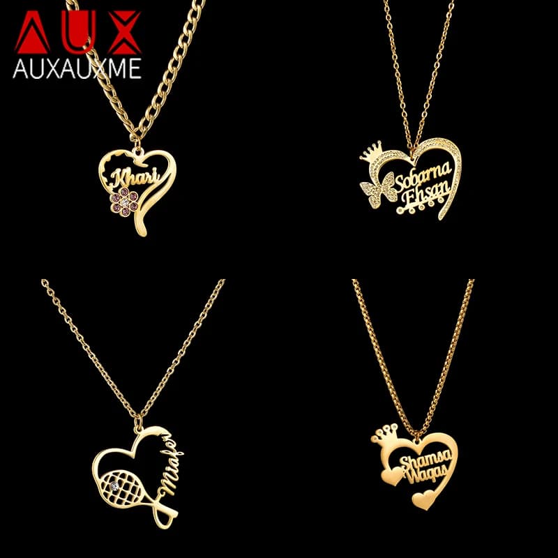 Auxauxme Custom Necklace with Heart Name Stainless Steel Women's Necklace with Butterfly Crown, Tennis Rack, Jewelry Gift with Custom Pendant with Zirconia