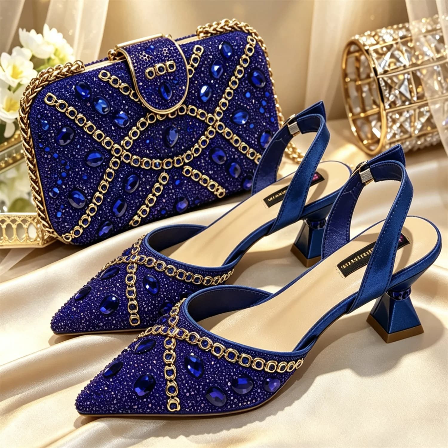 Blue Elegant Women Heels Shoes And Bag Set Rhinestone with Coral Shoes Wedding Party