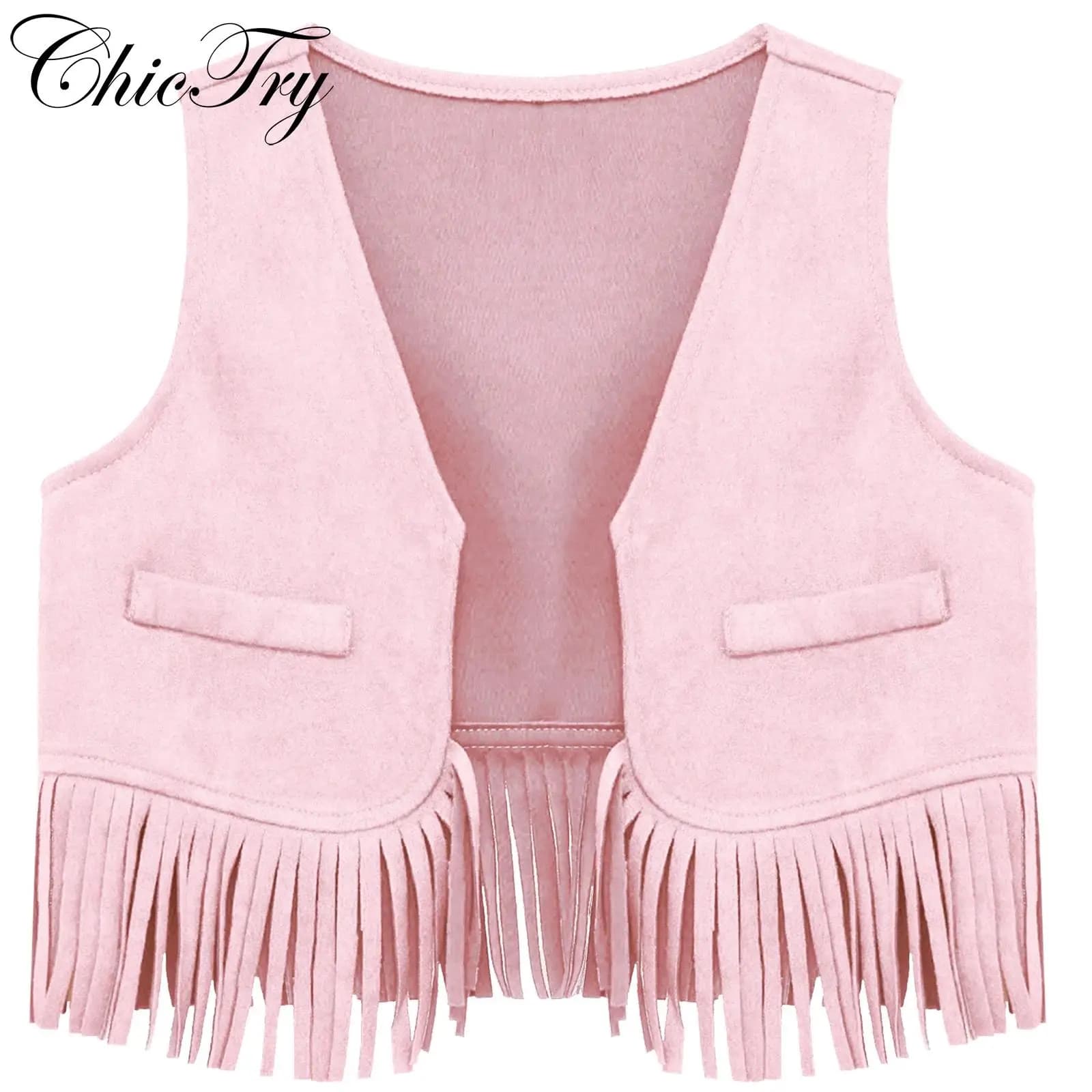 Gilet da cowboy in pelle scamosciata per ragazzi e ragazze, con nappe aperte sul davanti, gilet elegante per costume cosplay di Halloween, travestimento di carnevale