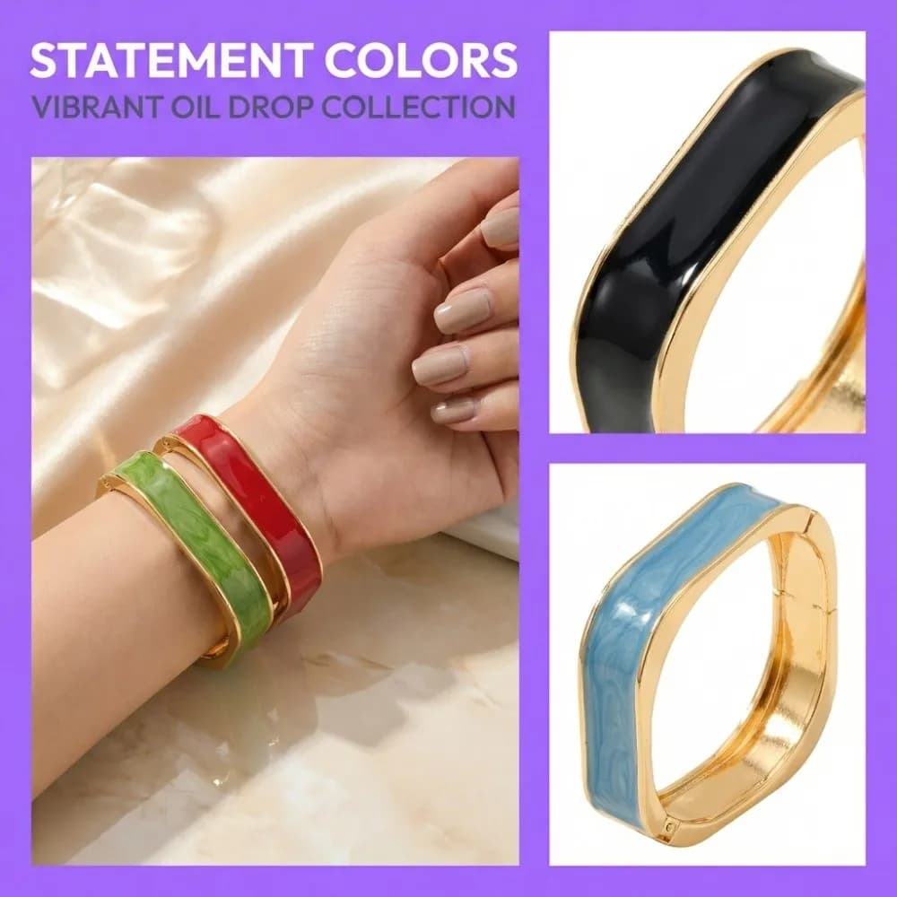Bracciale Geometrico Vintage in Lega, Bracciale Largo Quadrato con Smalto a Goccia, Gioiello Etnico Classico da Donna, Regalo