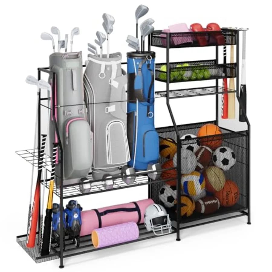 Organizzatore per Attrezzature Sportive da Garage per 3 Sacche da Golf, Porta Palline Resistente con Cesto e Ganci, Design Salvaspazio in Nero