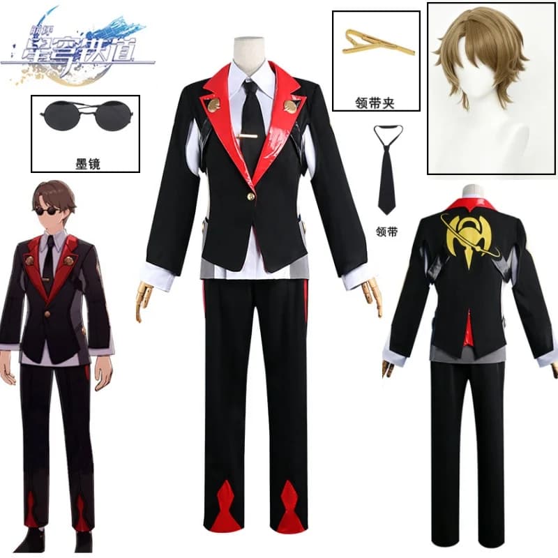 Costume Cosplay Lyndon Skott per Uomo, Completo Nero con Risvolto Rosso e Pantaloni, Set Completo Honkai: Star Rail, Parrucca e Outfit per Cosplay