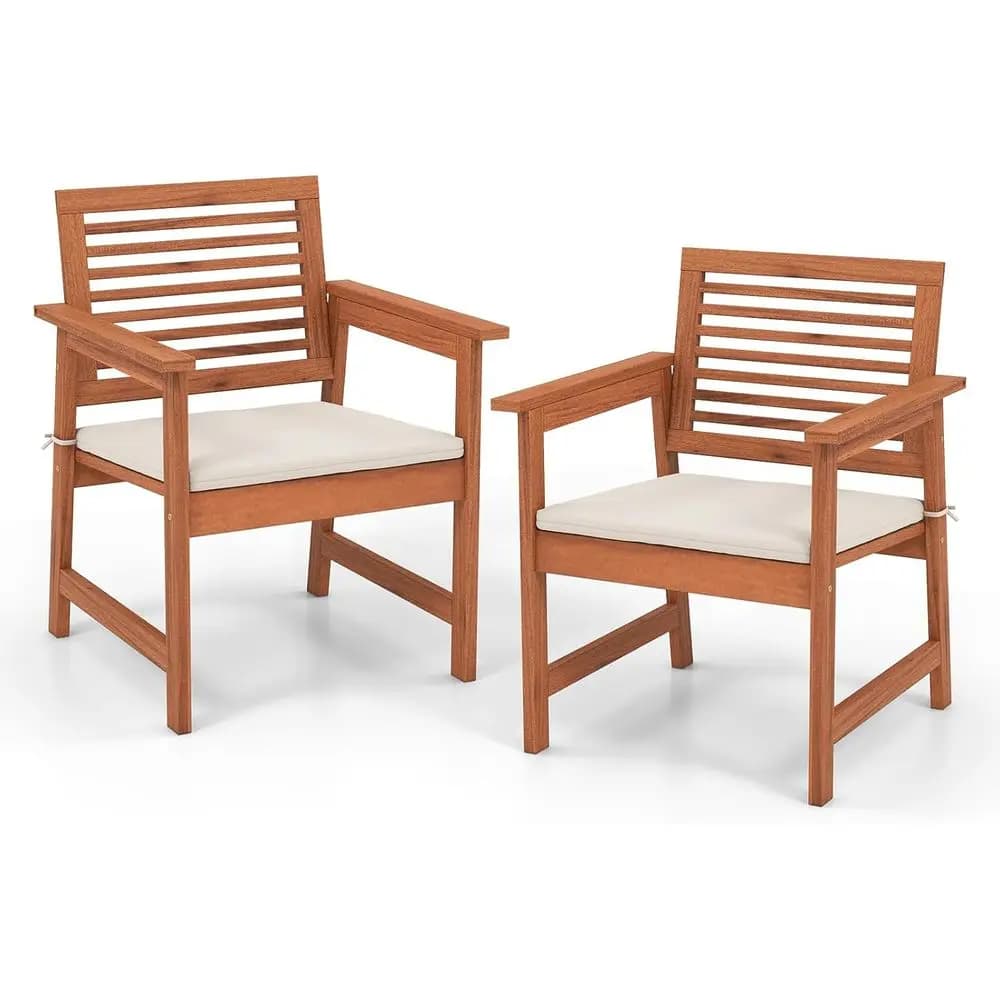Set of 2 Outdoor Dining Chairs with Slatted Wood and Soft Padded Cushions for Patio, Garden, or Poolside