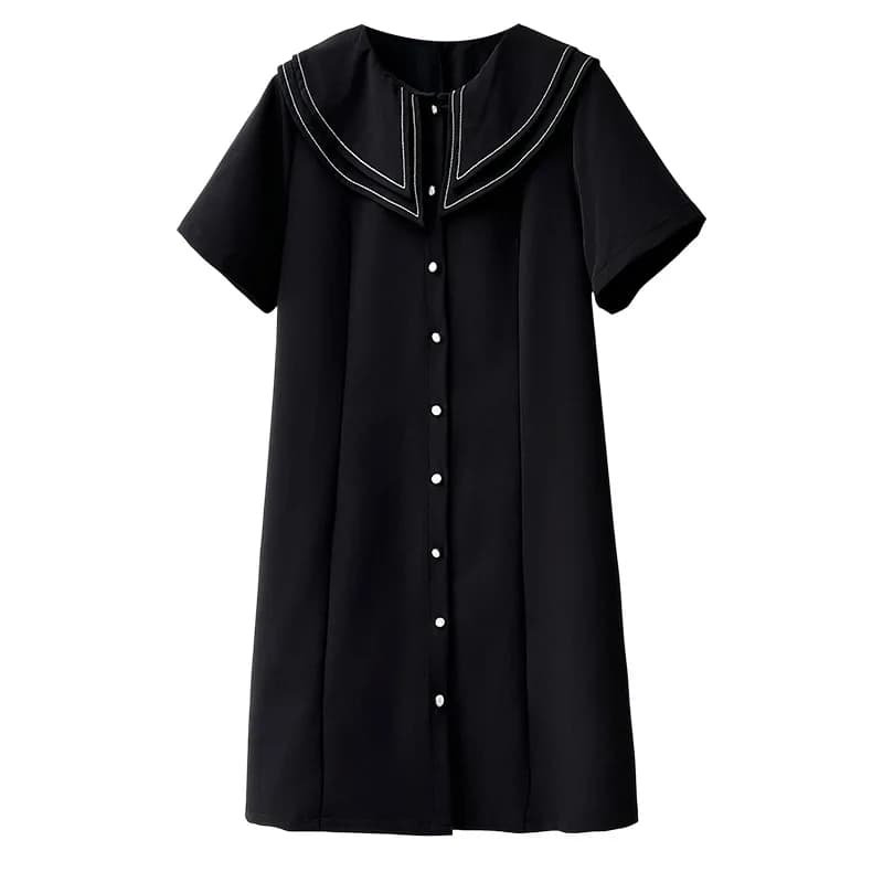 2026 Summer Plus Size Black Midi Dress Short Sleeve Double Collar Open Front Slim Fit Casual Dress For Curvy Women 2616