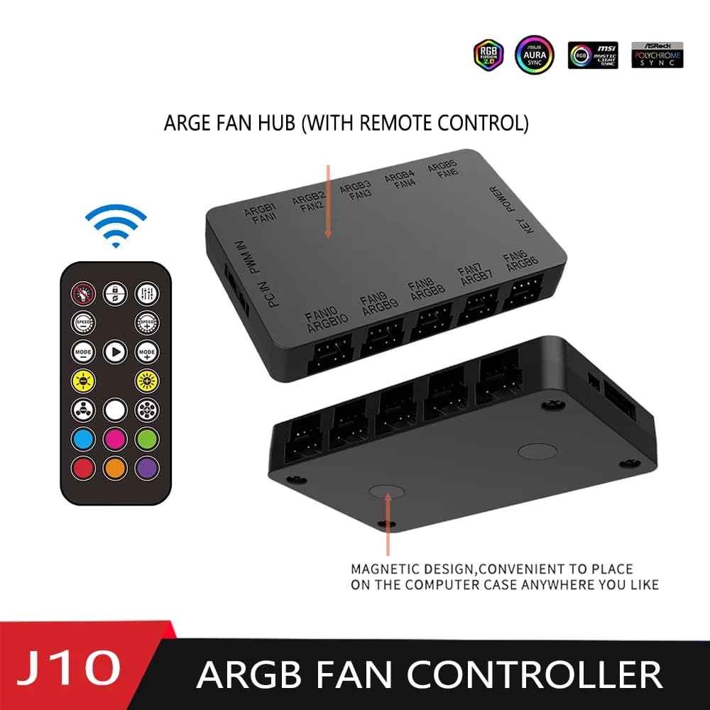 Adattatore ventola 5V 3PIN 10 porte con controller wireless per hardware computer Hub ARGB/PWM 2 in 1