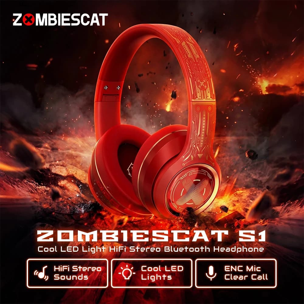 Zombiescat S1 Powerful Bass Bluetooth Headphones Wireless ENC Call Noise Canceling Over-Ear Earphones with Cool LED Lights