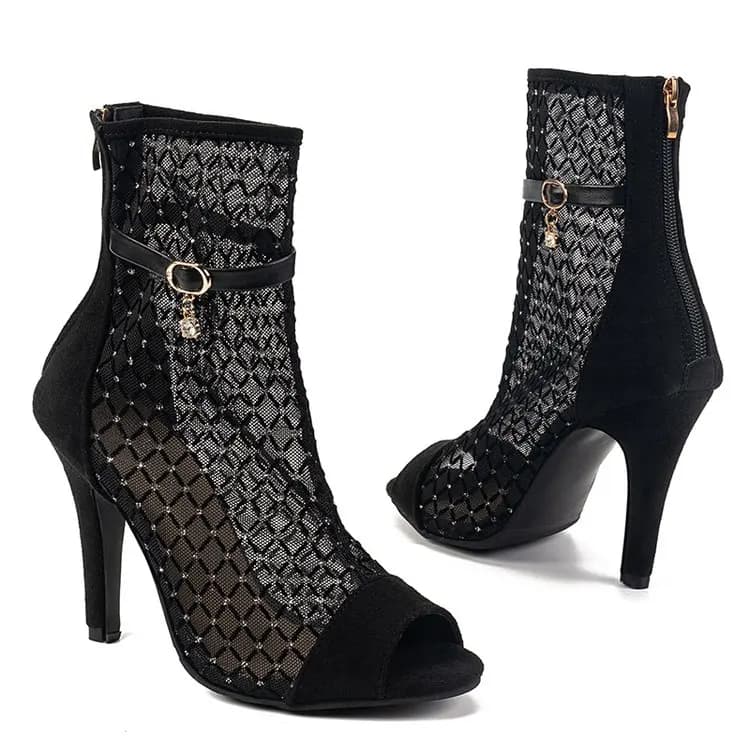 Mesh Summer Openwork Rhinestone Jazz Dance High Heel Peep Toe Sandals Large Size