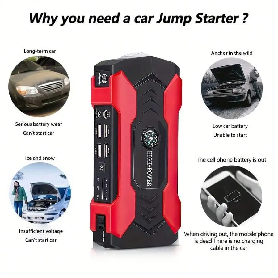 Portable Car Jump Starter & Power Bank - 600A High-Current Emergency Booster For 12V Vehicles, 4 USB Ports, Fast Charging, 1000