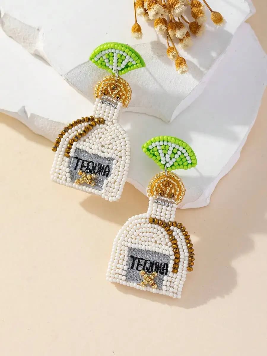 Handmade seed bead earrings shaped like tequila bottles, stylish and unique fashion jewelry gift