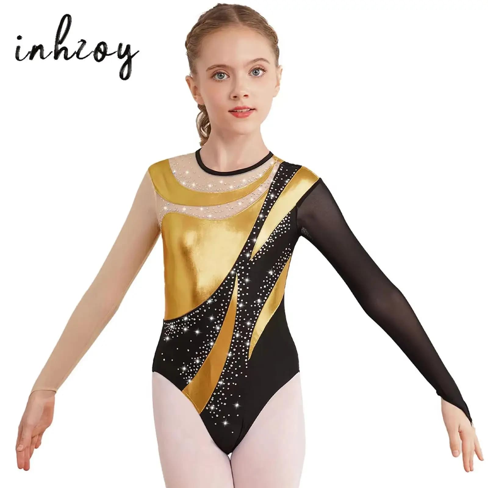 Body per ginnastica ritmica per ragazze adolescenti Body in rete a maniche lunghe con contrasto metallico Costume da pattinaggio di figura per danza classica
