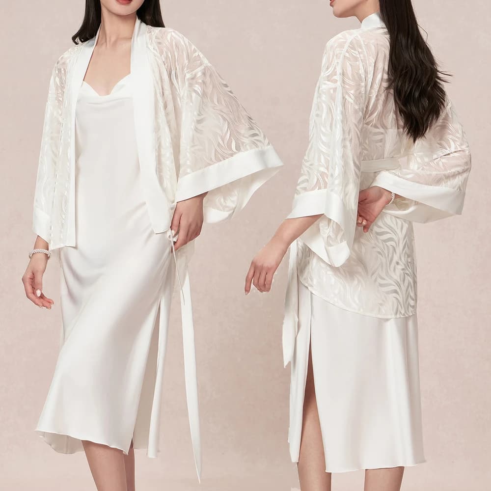 Set Pigiama di Lusso in Raso e Chiffon per Donna, Vestaglia Sexy con Pizzo Trasparente, Completo Lingerie Estivo, Nuovo Abbigliamento da Casa