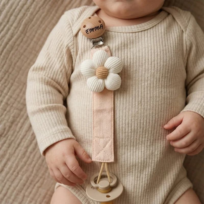 Personalized Baby Pacifier Clip Custom Name Engraved Wooden Bead Flower Soother Holder Chain - Newborn Infant Dummy Clip Gift