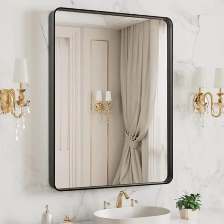 Specchio da Bagno con Cornice in Metallo 20x16 Pollici, Specchio da Parete Opaco Stile Rustico, Grande Specchio Rettangolare Arrotondato, Anti-Appannamento