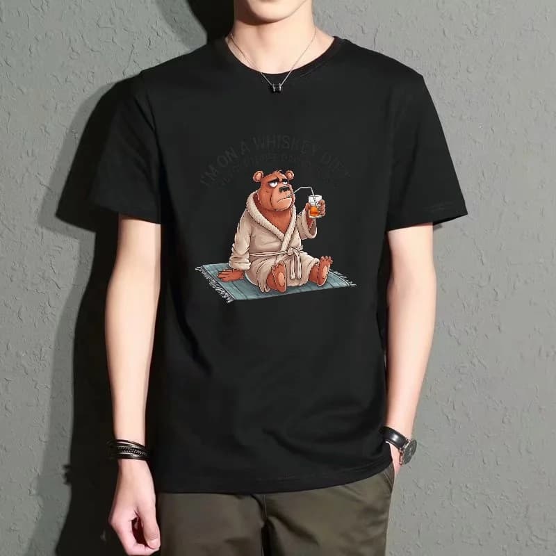 Men's Black Round-Neck Short-Sleeved T-Shirt, Cartoon Bear Print Fun Top, Casual Everyday Versatile Style, Comfortable, Breathable, Trendy Street Style