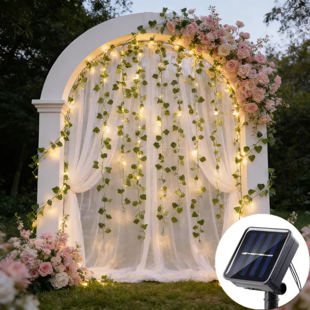 Luci Solari a Foglia di Rattan Verde per Decorazioni Natalizie, da Giardino, per Matrimoni e Feste - Ghirlanda Luminosa a LED Solare da Esterno 10M/5M/2M