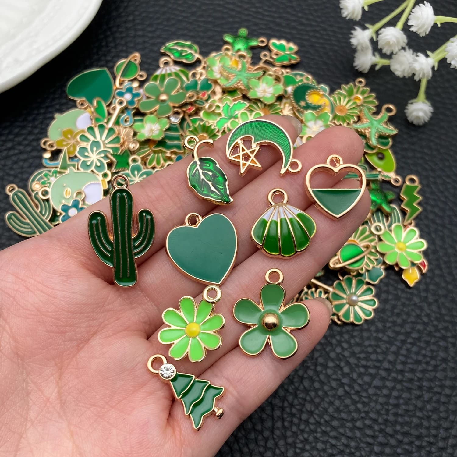 20/50/100pcs Forest Green Enamel Charm Collection! (Flowers, Clovers & Cacti) - Perfect for DIY Bracelets & Necklaces