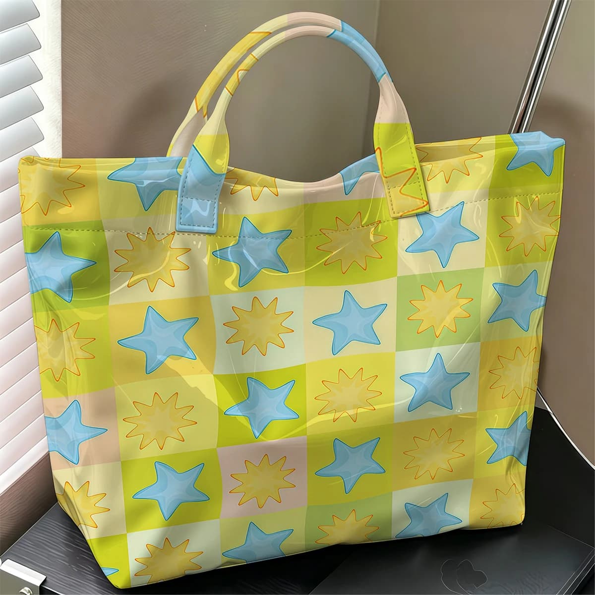 Pastel Star Grid Stylish Large Glossy PVC Tote Bag Washable Waterproof Durable Ideal for Travel Commute Cosmetics Books Handbags