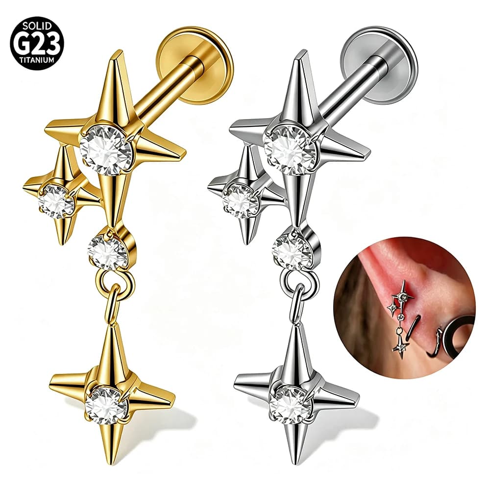 G23 Solid Titanium Crystal Nova Dangle Labret Piercing Helix Stud Tragus Cartilage Earring 16G Ear Lobe Labret Piercing Jewelry