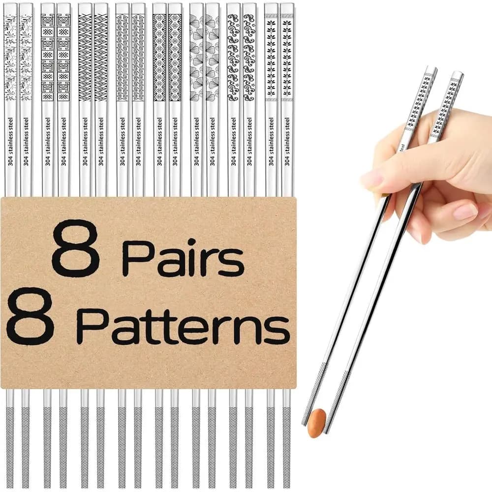 18/8 Stainless Steel Chopsticks Set, 8 Pairs, Reusable, Laser Engraved, Non-slip, 9.25 for Japanese, Korean, Chinese Cuisine, Di