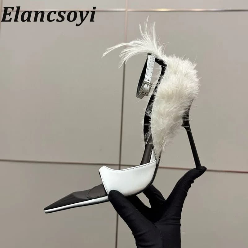 Pumps women's feather trimmed high-heeled shoes - Rhinestone ankle strap pointed sandals suitable for evening party dance shoes