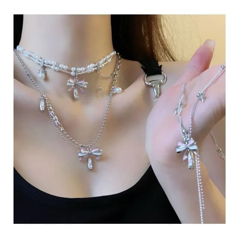 Collana con fiocco a goccia d'olio a doppio strato con perline, serie Ballet Shoes, design di nicchia, orecchini premium, catena per clavicola