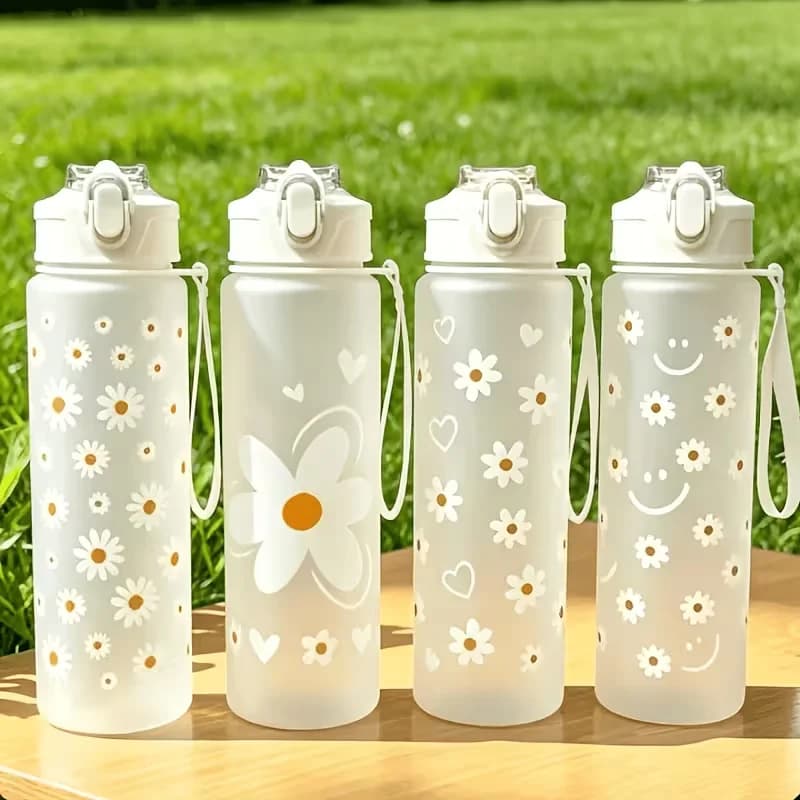 Frosted White Fresh Ins Style Small Daisy Flower Straw Cup with Drawstring Portable Suitable for Outdoor Fitness Lid Leak-Proof