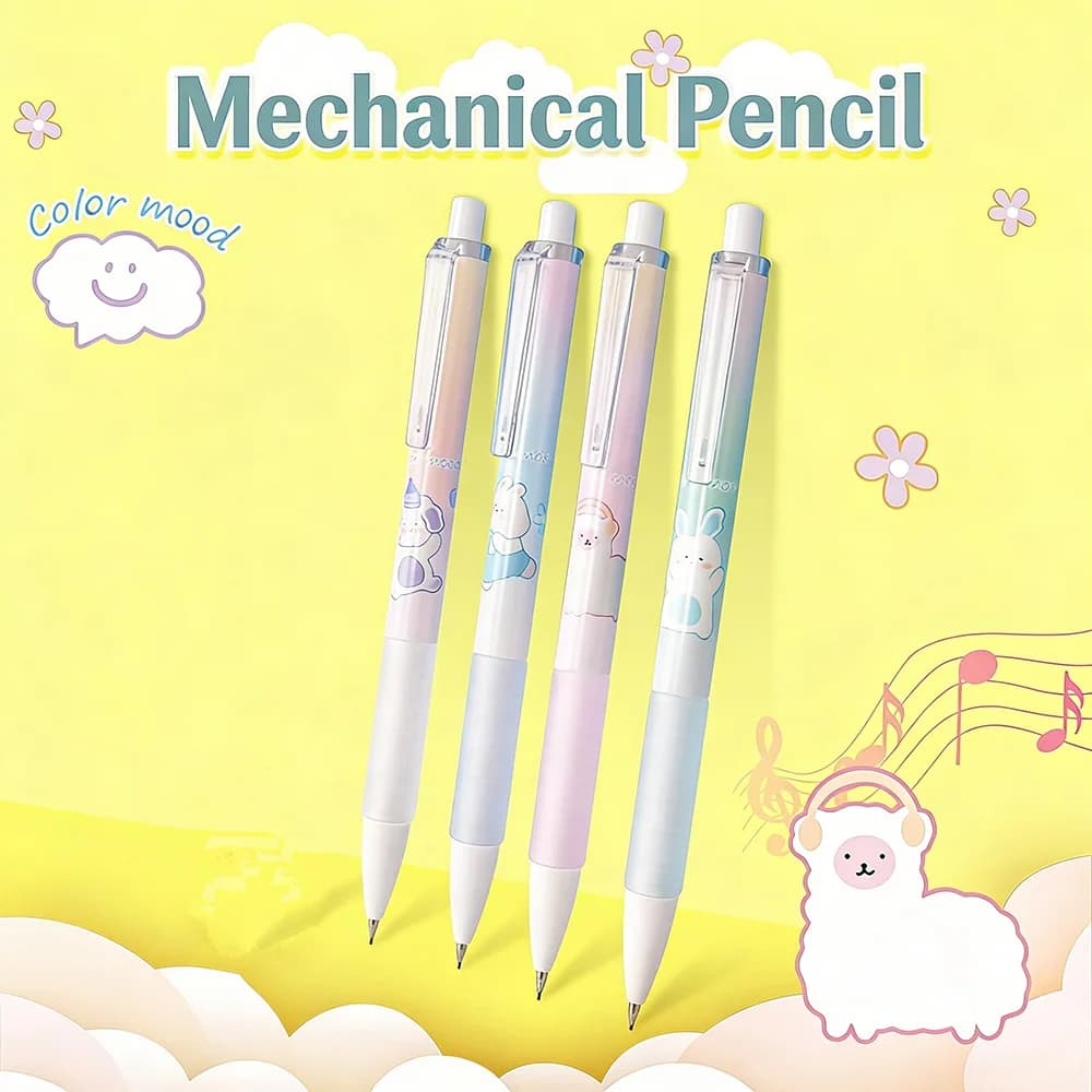 4PCS Cute Animal Pattern Pastel Color Mechanical Pencil 0.7mm Anti-Break Lead for Writing Drawing Kawaii Stationery Gift Set