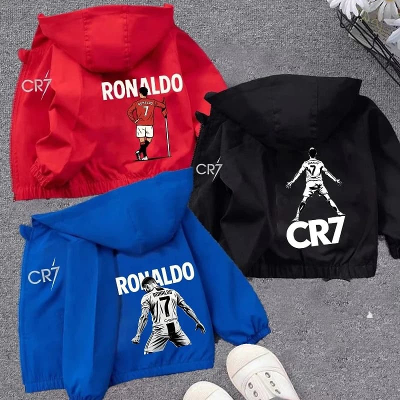 Giacca con Cappuccio per Bambini del Calciatore Ronaldo, Cappotto Cartoon CR7 per Bambini e Bambine, Antivento con Zip a Maniche Lunghe, Impermeabile