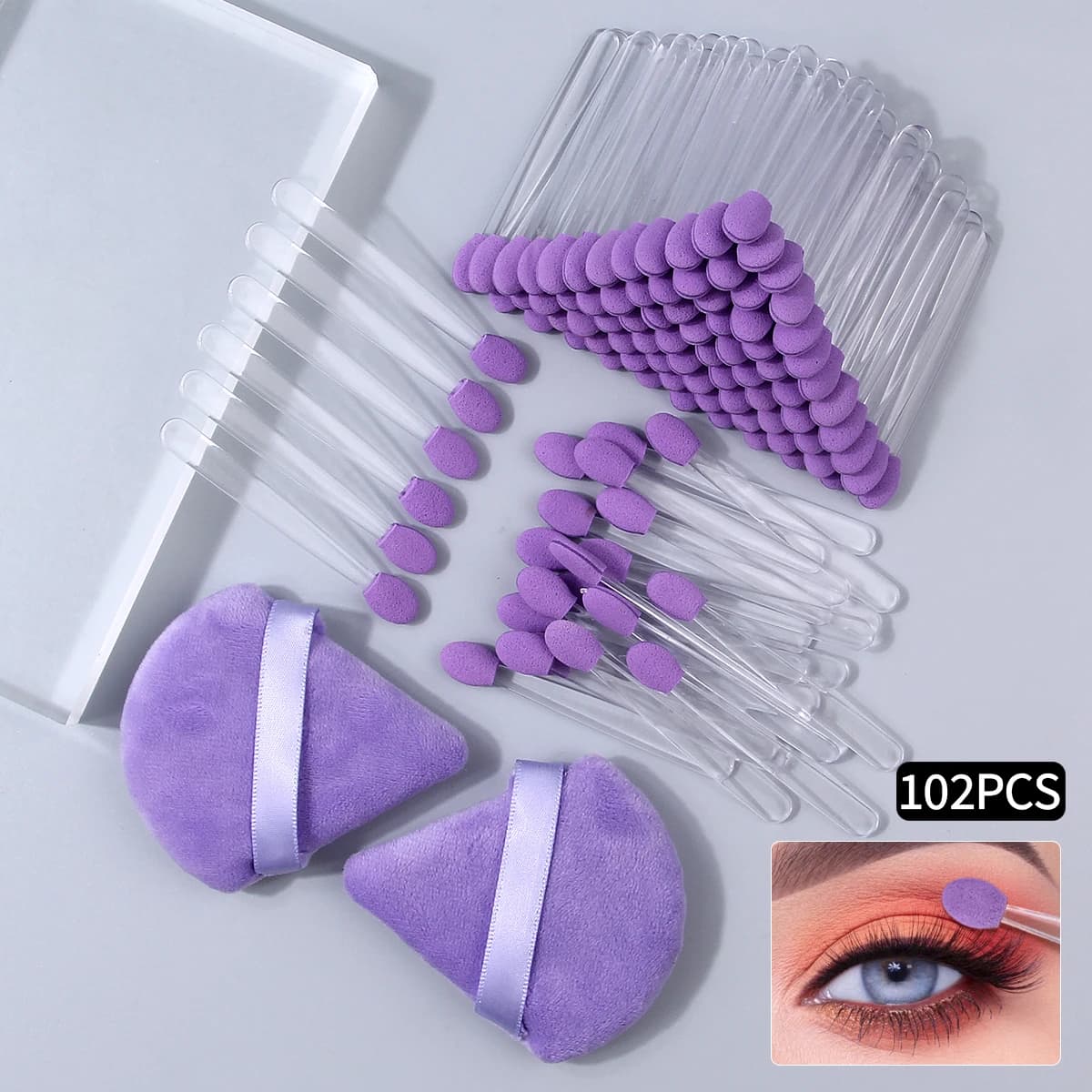 Set of 102 Purple Makeup Applications, Disposable Sponges for Umbrella with Triangular Velvet Puff, Free Shipping for Cosmetics