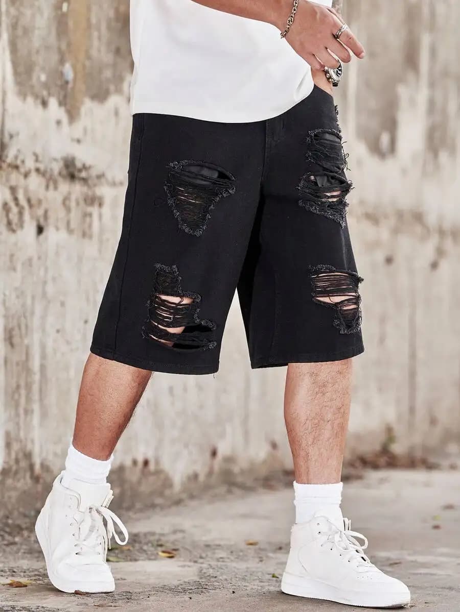 Manfinity Homme Men's Casual Distressed Wide-Leg Denim Shorts Ripped Jean Shorts Men Going Out Urban Hang Out Vacation Work